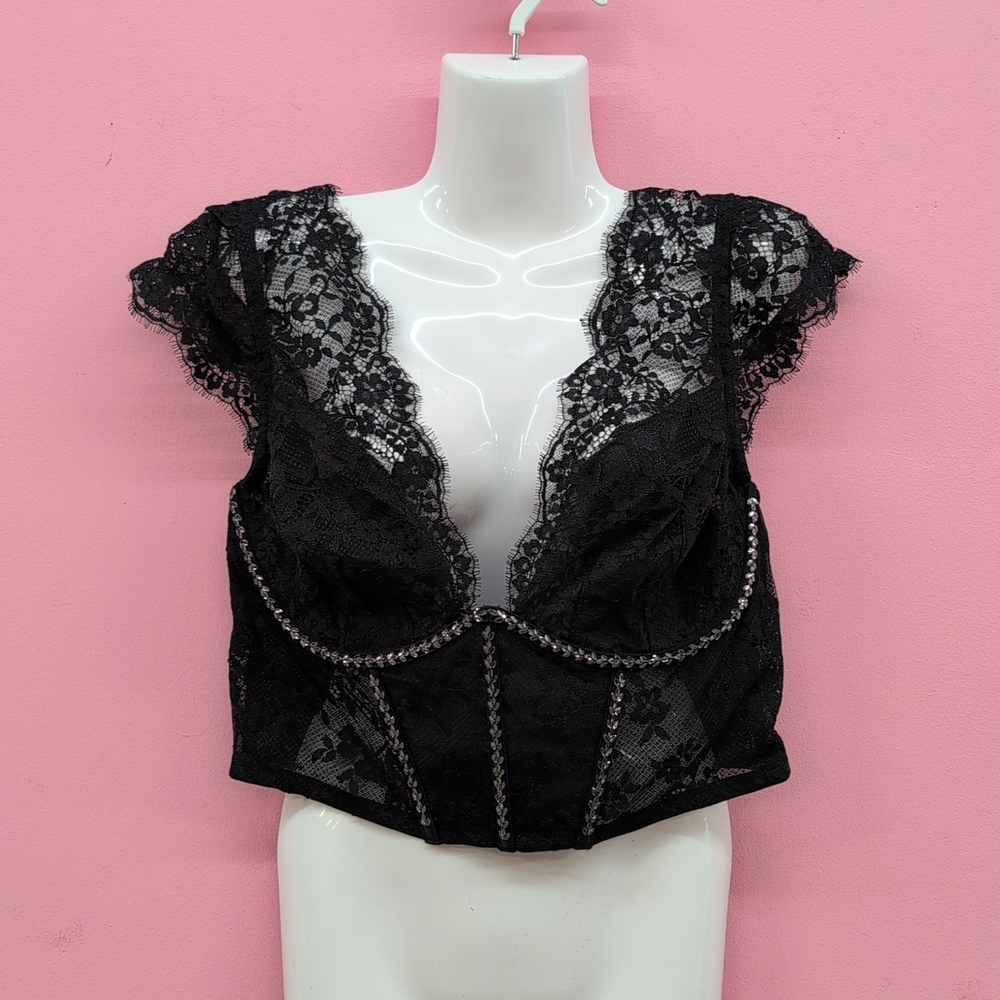 Victoria Secret Dream Angels Twinkle Lace Cap-Sleeve Corset Top XXL Black